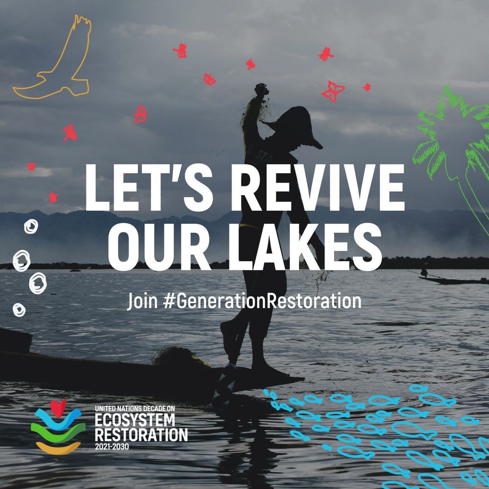 A person stands on a boat in a lake, raising a hand holding aquatic plants, with mountains in the background and playful line drawings of birds, fish, and a palm tree overlaid. Large white text reads “LET’S REVIVE OUR LAKES” with “Join #GenerationRestoration” beneath, and the UN Decade on Ecosystem Restoration 2021–2030 logo appears in the bottom left corner.