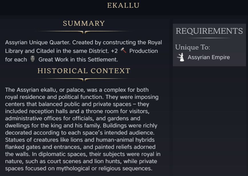 Civilopedia for Ekallu, the unique district for Assyria.