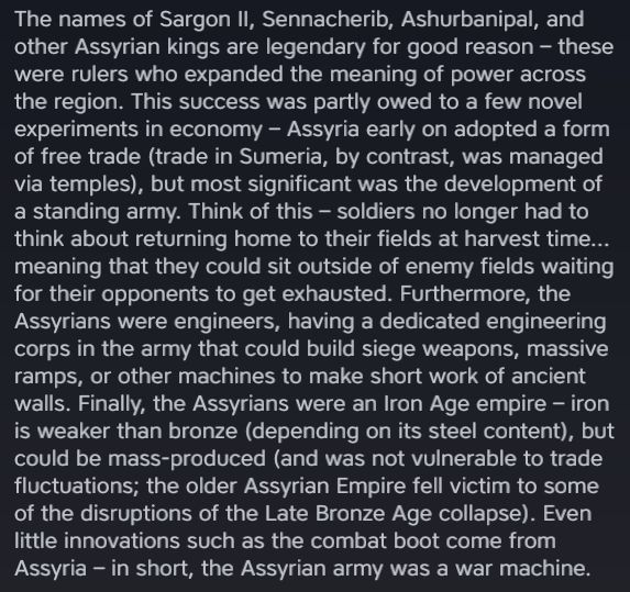 The first few paragraphs of the Civilopedia entry for Assyria.