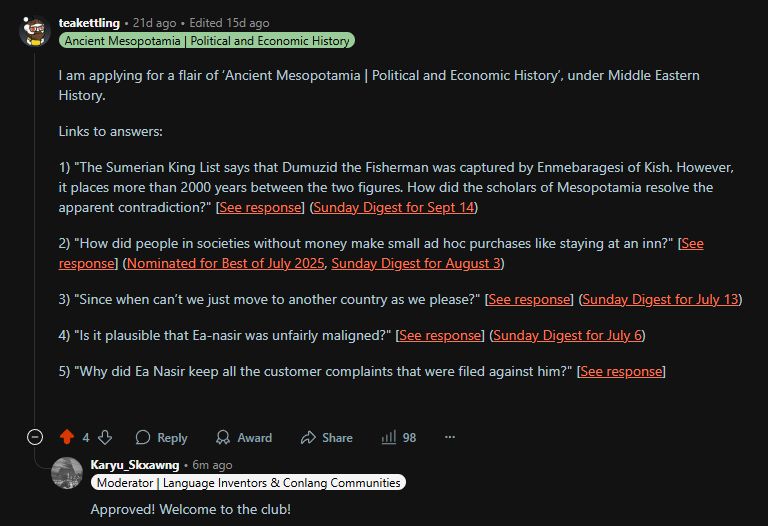I have been approved for flair on r/AskHistorians for "Ancient Mesopotamia | Political and Economic History".