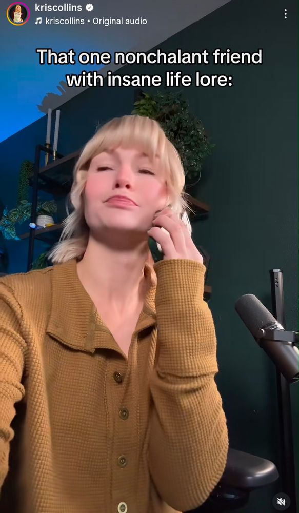 Kris Collins, social media personality, in the midst of a skit with the title "That one nonchalant friend with insane life lore".