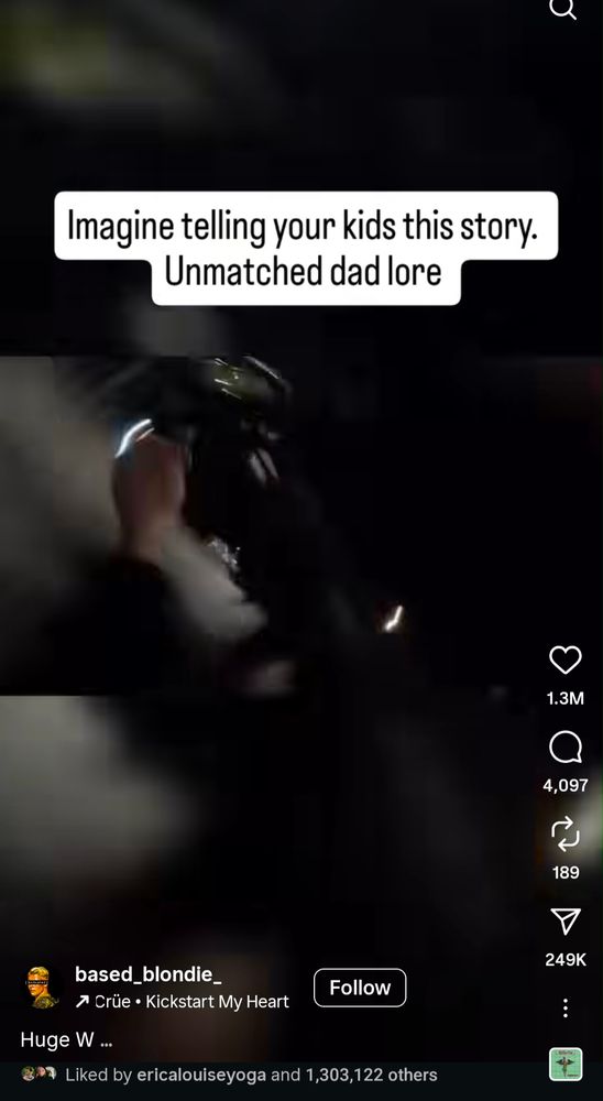 A video shared by based_blondie with 1.3 million likes with the title, "Imagine telling your kids this story. Unmatched dad lore"