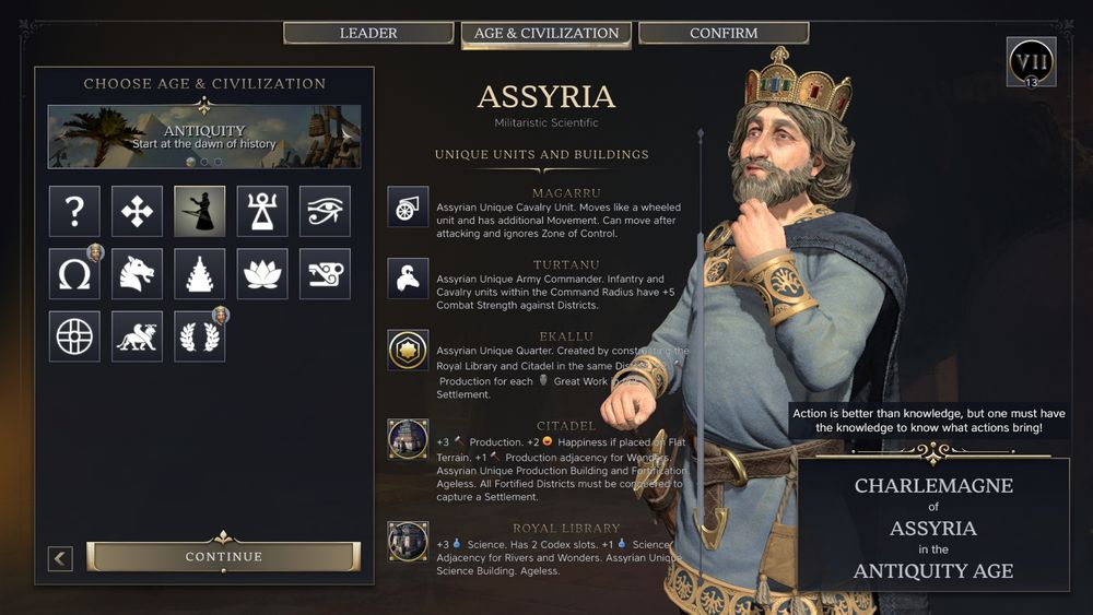 Civilization selection screen for Assyria.