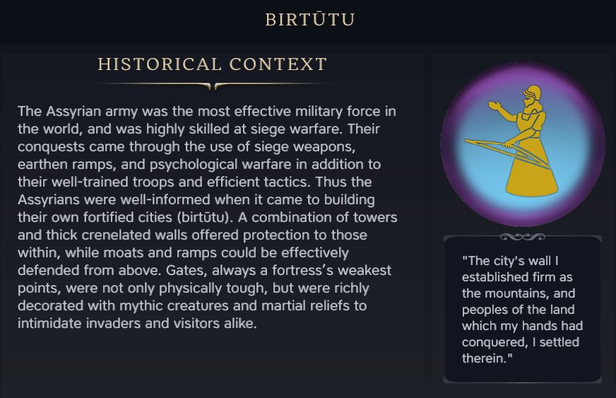Civilopedia for Birtutu, part of Assyria's unique civic tree.