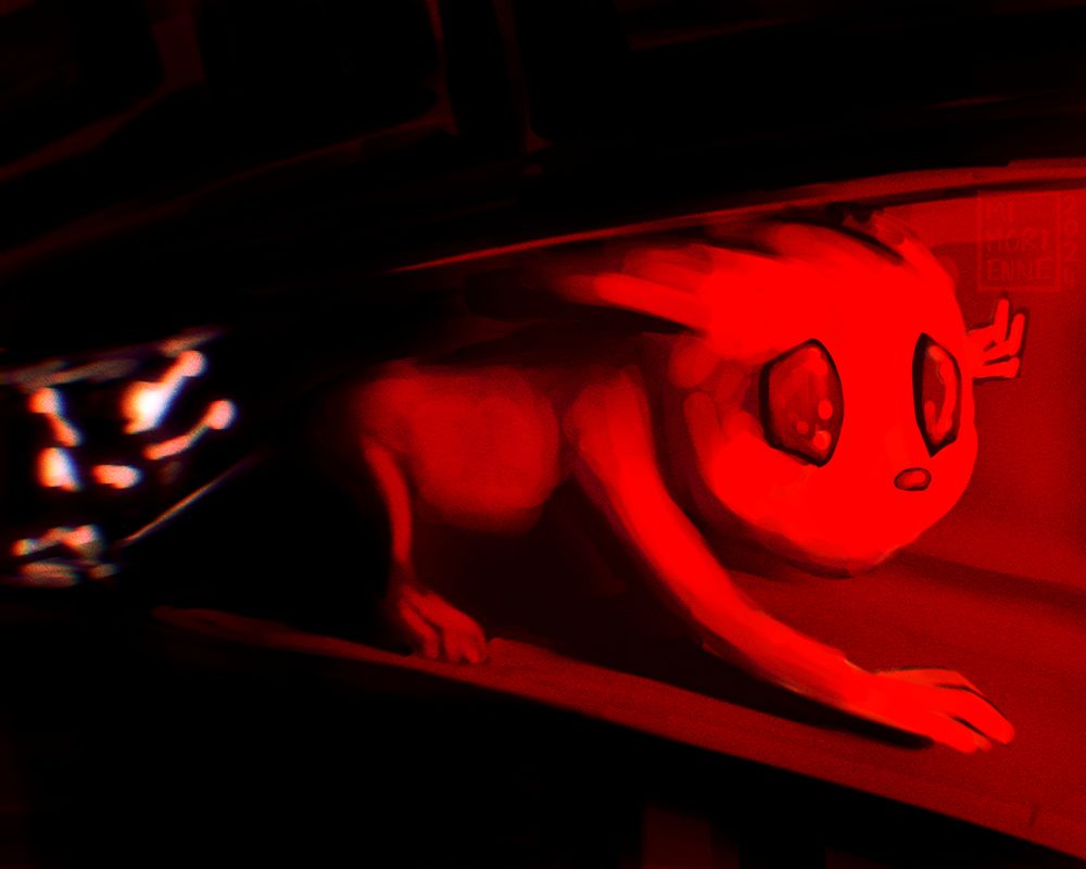 A digital art painting of a Slugcat from Rain World. They are crawling through a filtration tunnel, with a strong red light on their face. They are being pursued by a mole lizard