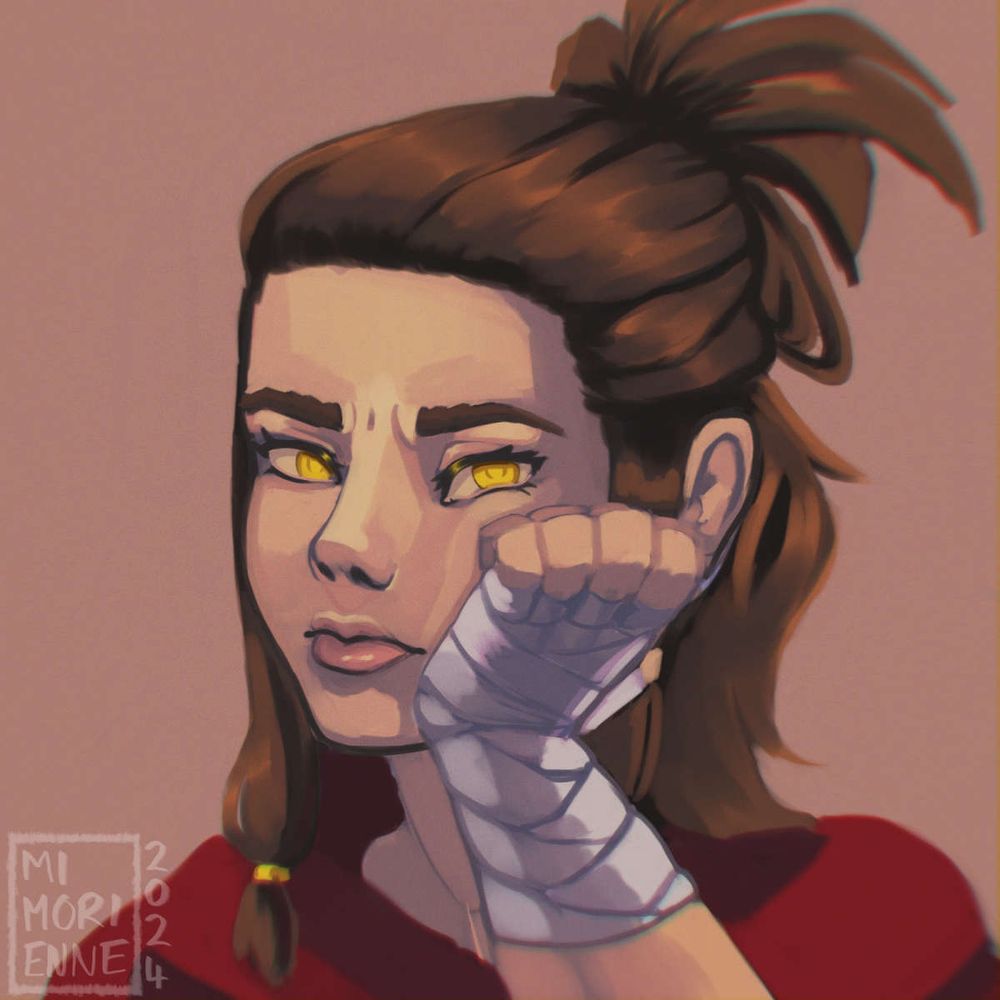 A digital drawing of a persons portrait. They have brown hair up in a half up half down hairstyle, pale skin, and yellow pupiless eyes. They're resting their face on their hand. They look irritated.