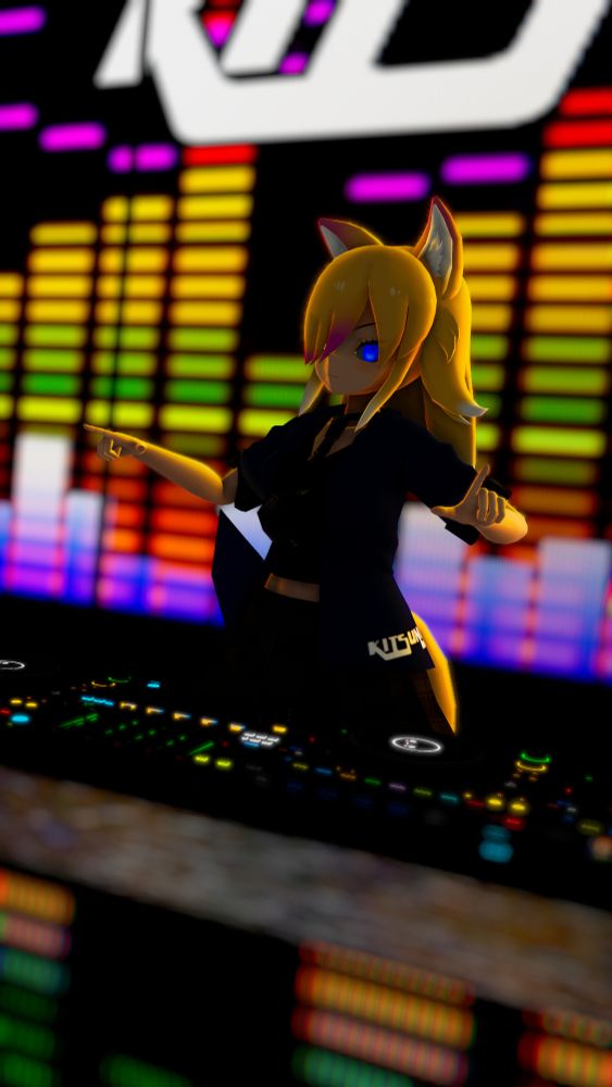 A yellow-haired, blue eyes, shiny custom anime avatar is pointing out at the audience during a DJ set. They are standing in front of colorful decks at a venue made by Wylda called STRUCTURE. Behind Kitsune the DJ is colorful visual bars and a partial view of their DJ logo.