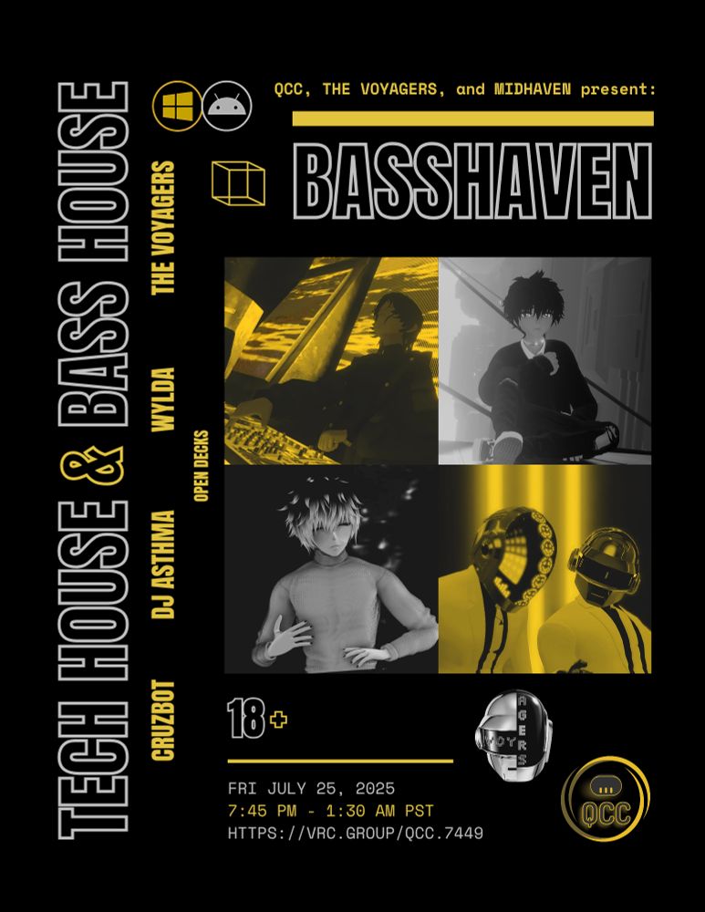 Golden-yellow and silver-grey due-tone poster with 5 VRChat DJs describing a lineup, genres, and which groups are hosting the event. 
There is a link at the bottom of the poster with the VRChat group code QCC.7449