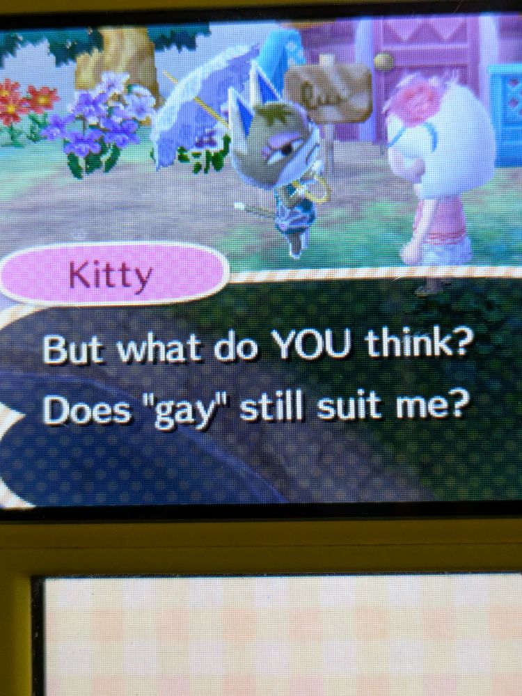 Animal crossing screenshot of Kitty saying "But what do you think? Does gay still suit me?"