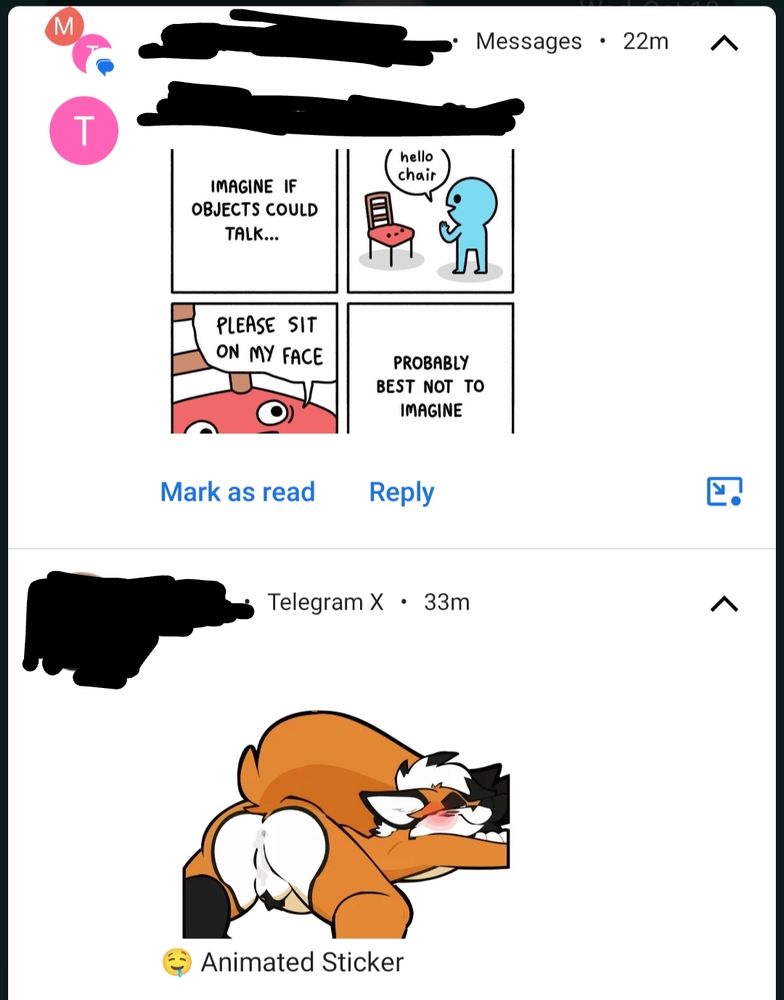 A preview of two messages. The first time is a comic that indicates chairs want you your ass on their face, the second of which is a furry in a seductive pose drawing the eye to their butt