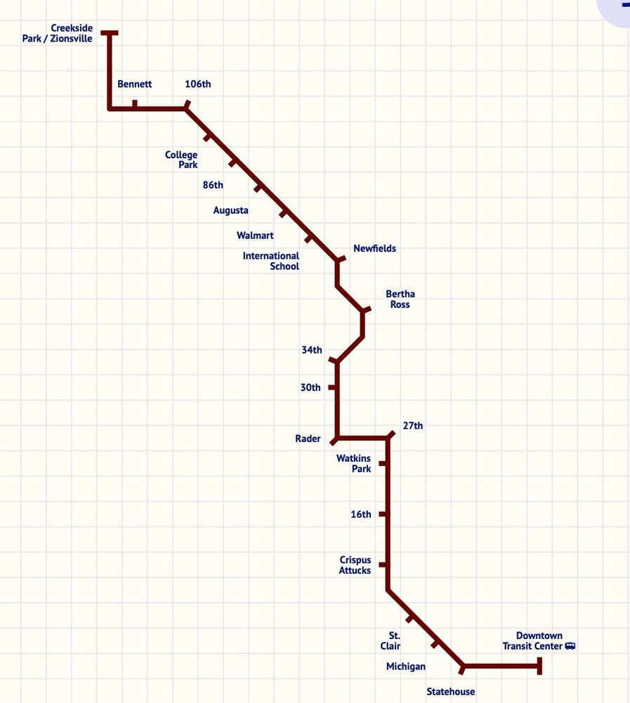 Map of BRT to Zionsville roughly following the Route 34 to College Park