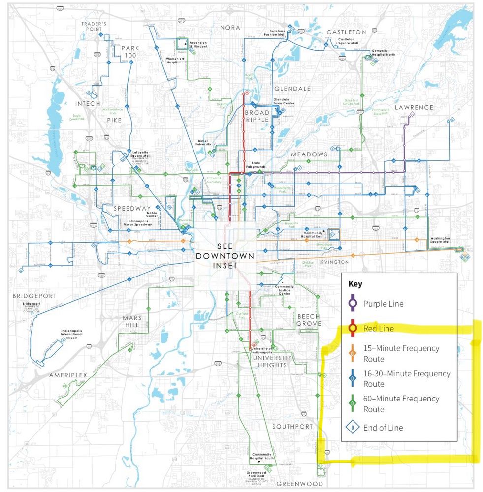 IndyGo map with Franklin Township boundaries roughly marked in yellow