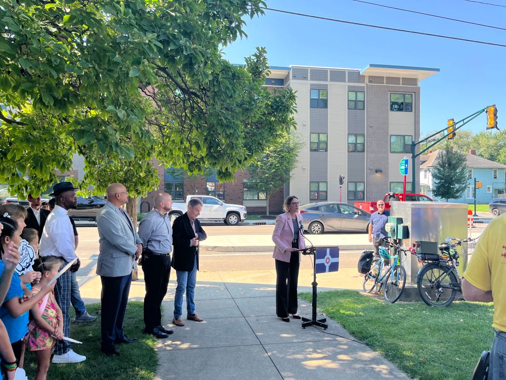 IndyGo CEO Jennifer Pyrz speaks at the ribbon cutting of the Michigan/New York Two Way conversion. 