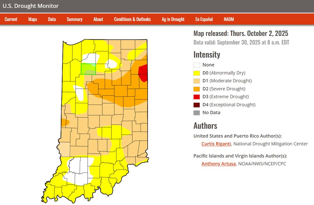 Drought monitor map of Indiana. Most of the state is in some type of drought condition with severe drought covering Monroe County in south-central Indiana, where Bloomington is located.