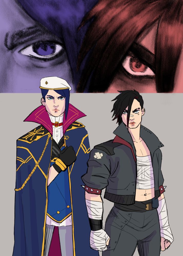 Commader Caitlyn and Pitfighter Vi standing next to each other. A closeup of their eyes in the background with the colour scheme of Ayse Atkas' caitvi artwork