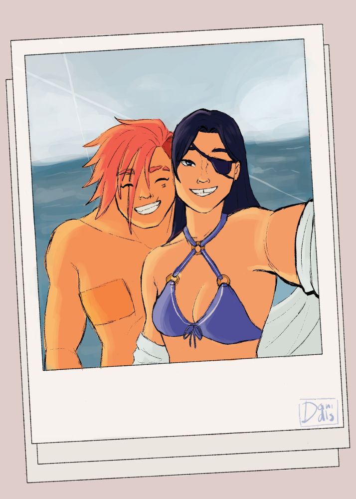 A drawing of a polaroid picture of Caitlyn and Vi from arcane at the beach!