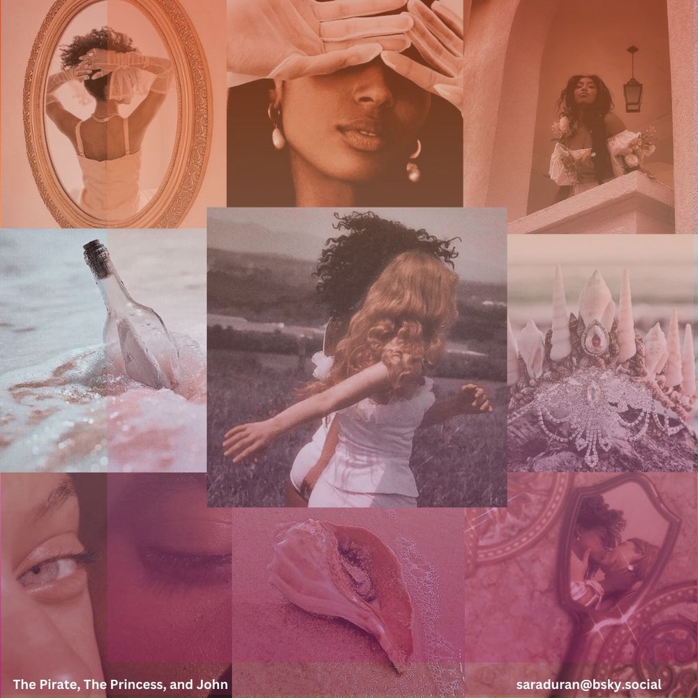 A mood board for Princess Mira, showing a Black princess with dresses and jewelry, a message in a bottle, a crown made of shells, a conch shell, and romantic scenes of the princess with her love interest, a white princess with red hair, including their faces pressed together, kissing in the reflection of a handheld mirror, and running across a grassy field arm-in-arm. The lesbian pride flag is subtly depicted across the grid, with the first row of picturetinted light orange, the second row tinted cream/white, and the third road tinted a rosy pink.