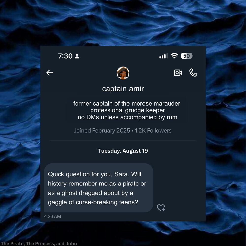 A fake DM from a profile for Captain Amir on a dark ocean background, asking if history will remember him as a pirate or a ghost dragged around by teens.