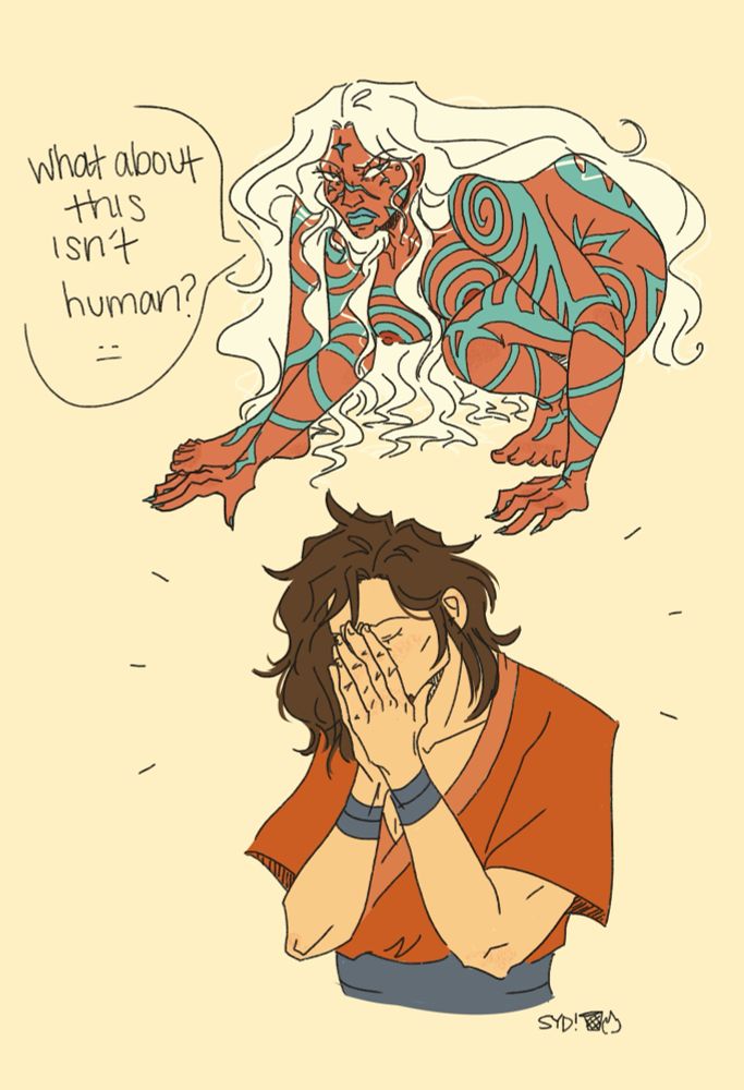 comic page 2: panel 1 is raava, a humanoid spirit with white hair and blue markings all over her body crouching in a very unnatural position, glaring up at him and asking, “what about this isn’t human?”
panel 2 is just wan covering his face with both hands in exhaustion at her reaction