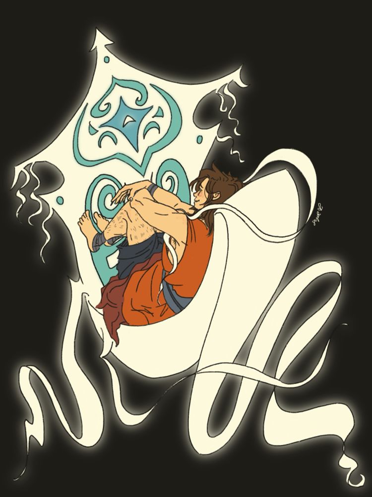 raava, a white flatworm-esque spirit with blue markings, curls around wan, a human man, like a hammock while he looks up at her with adoration
