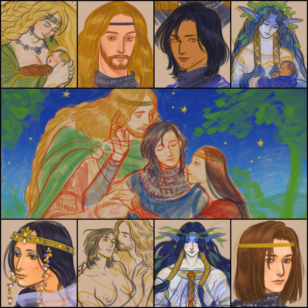 Collage preview of Arthurian concepts I have sketched mostly focused on Lancelot/Vulgate cycle. 

Starting 1st row on the left: Bust previews of an infant Galehaut held by his mother the Fair Giantess, Galehaut, Lancelot, and Lady of the Lake with infant Lancelot.

Middle row: Draft of "The Love of Lancelot" ft. Galehaut, Lancelot and Queen Guinevere embracing under a night sky.

Bottom row: Bust shots of Guinevere, Lancelot & Galehaut embracing, Lady of the Lake, and King Arthur.
