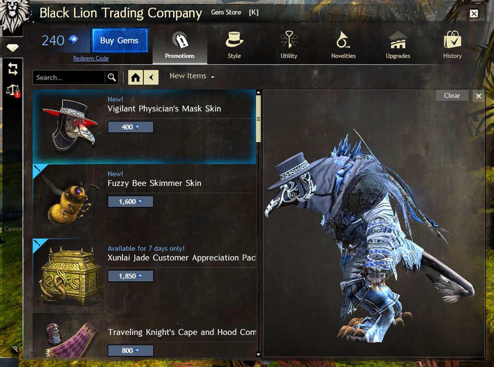 Screenshot of my charr character wearing the Vigilant Physician's Mask Skin in guild wars 2's Gem Store preview. 