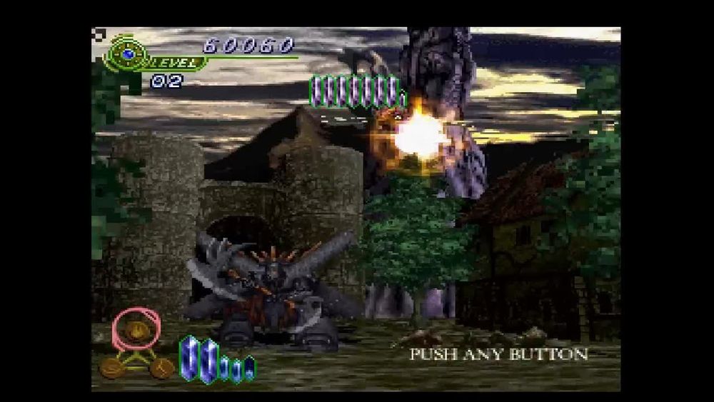 Screenshot from Elemental Gearbolt. Fantasy creatures are being blasted by magical energy in a forested village.