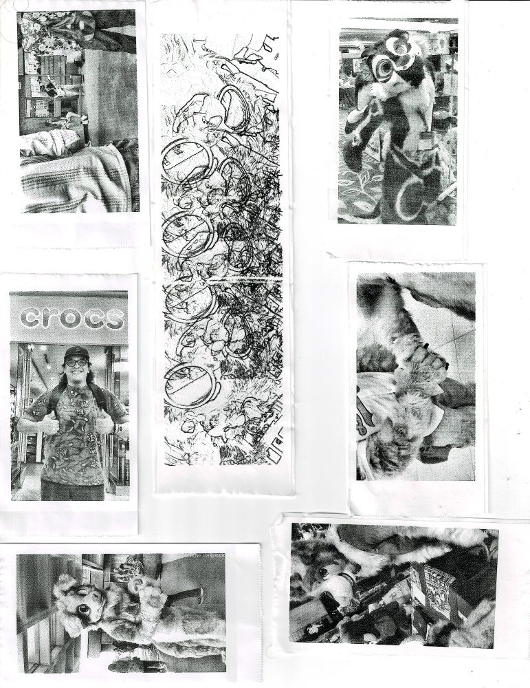 various black and white images from the local furry convention printed on receipt paper. People in fursuits posing, a friend in front of the crocs store at west edmonton mall, and a long distorted image with reversed whites/blacks printed over itself multiple times ina  row of a fursuit head.