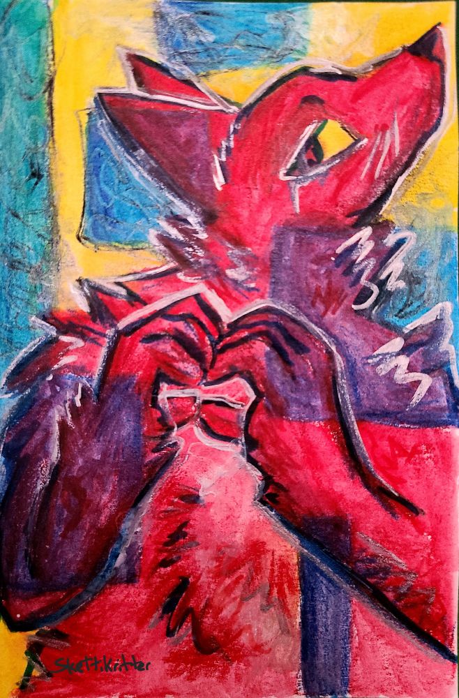 Colorful traditional drawing of a red fox-like creature putting their fingers together while looking away from viewer. Background has yellow with blue squares