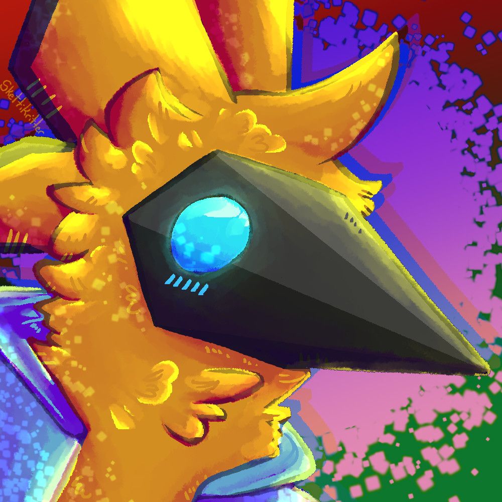 A digital art piece featuring SampledTex's OC, an orange Baedyr with a digital faceplate. The background is an abstract pattern. 