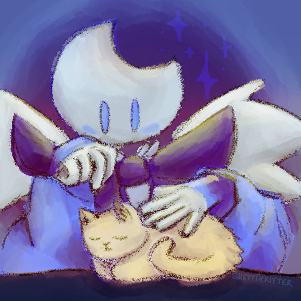 Digital art of thecdguy's oc, Lune, a moon headed character that is petting a cat thats napping. 