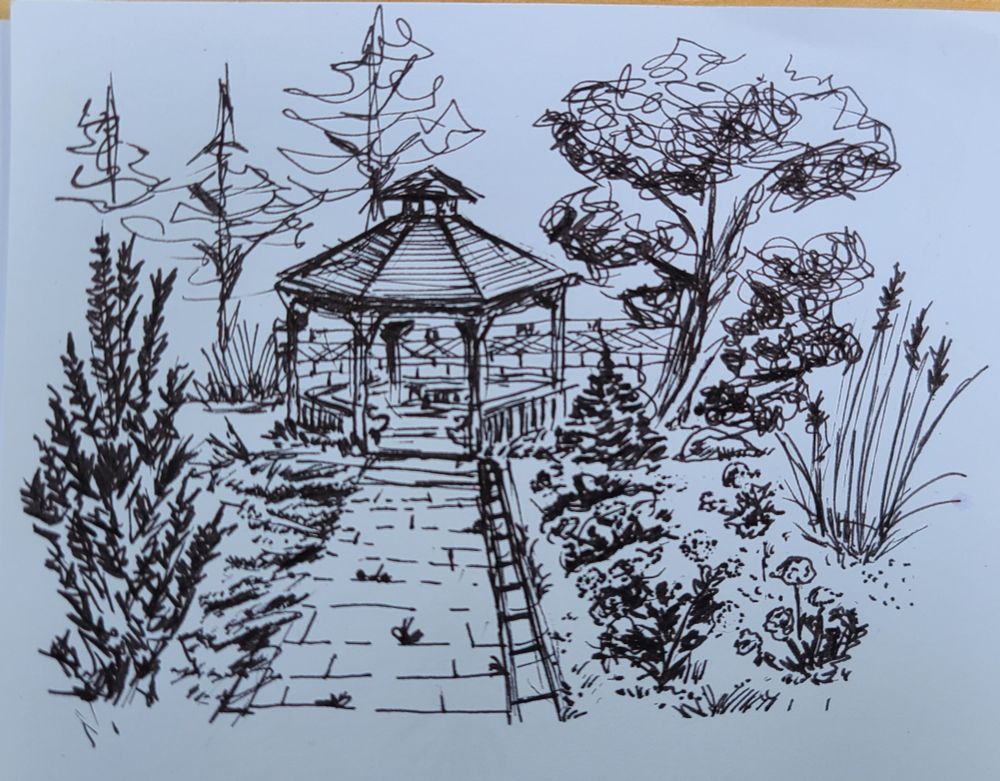 pen drawing of a pathway leading to a gazebo with plants flanking each side