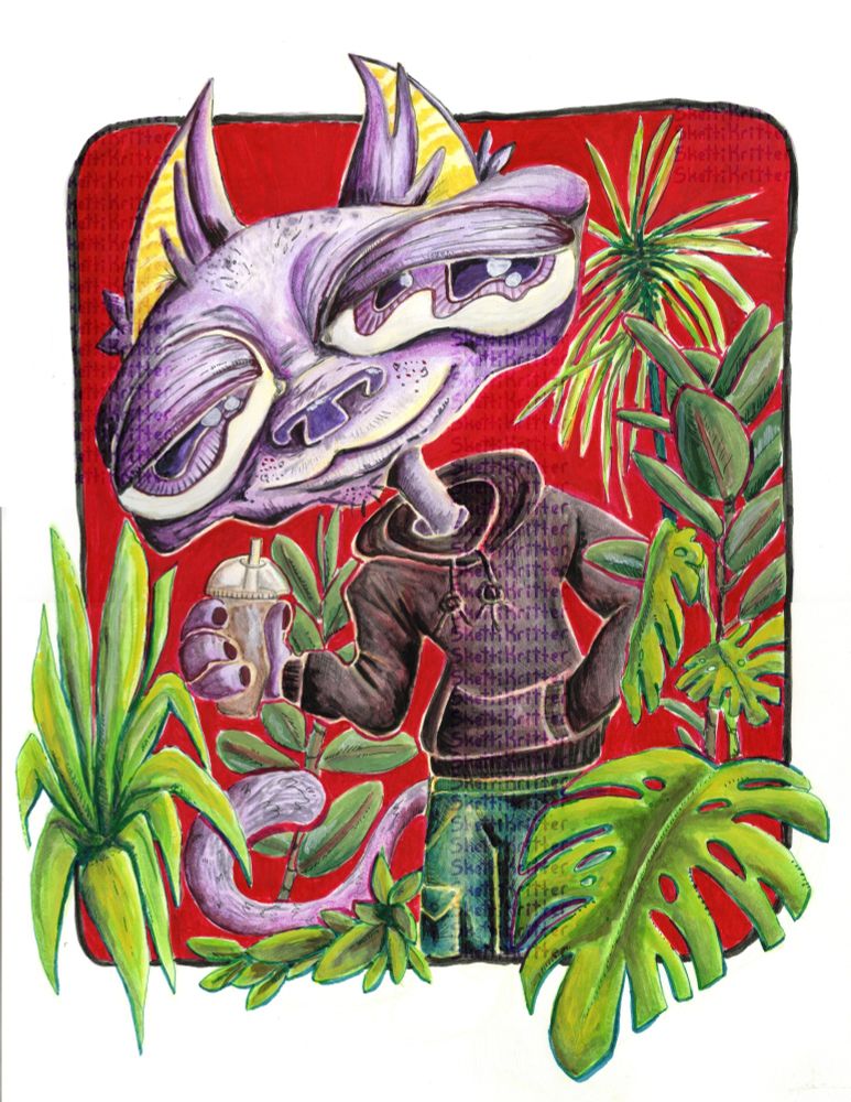 purple weird looking cat drinking an iced coffee while being surrounded by various houseplants