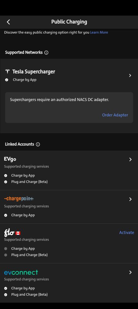 Screenshot of myChevrolet app public charging tab showing integrated charging networks compatible with Chevrolets. 