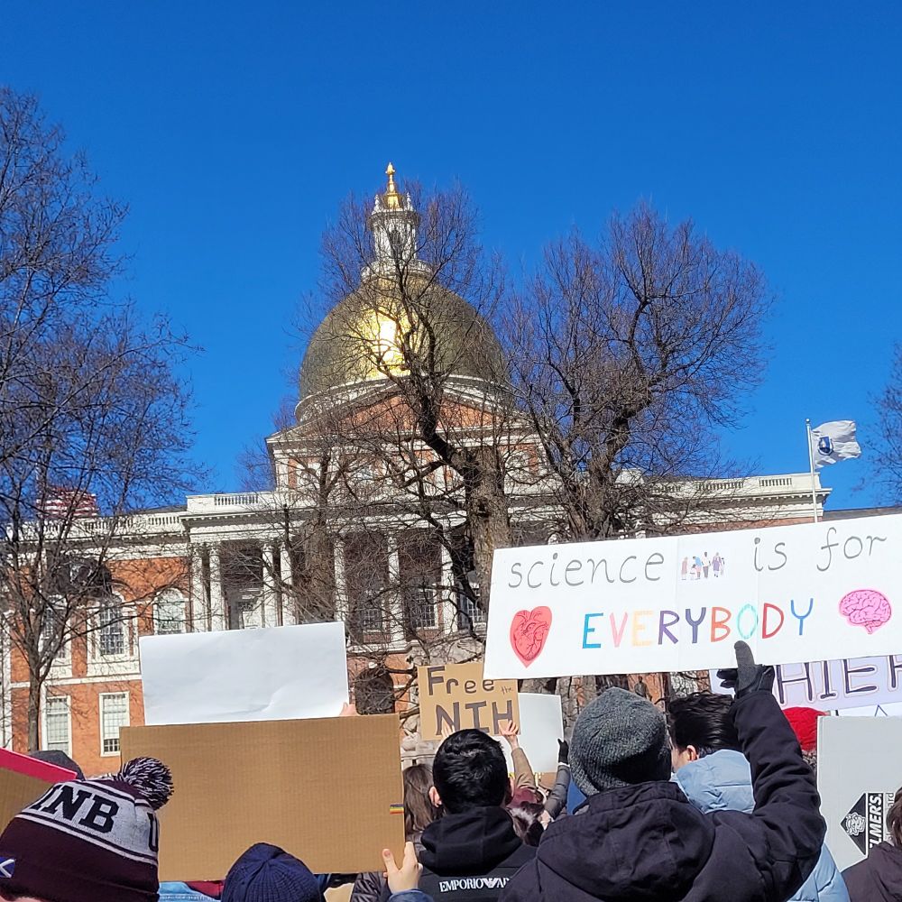 Massachusetts statehouse with rally 