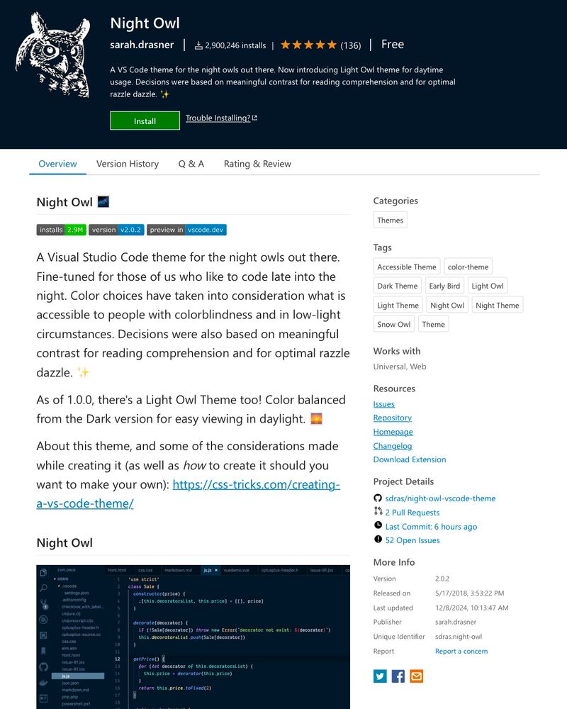 Night owl on the VS Code marketplace, relieved to finally be updated