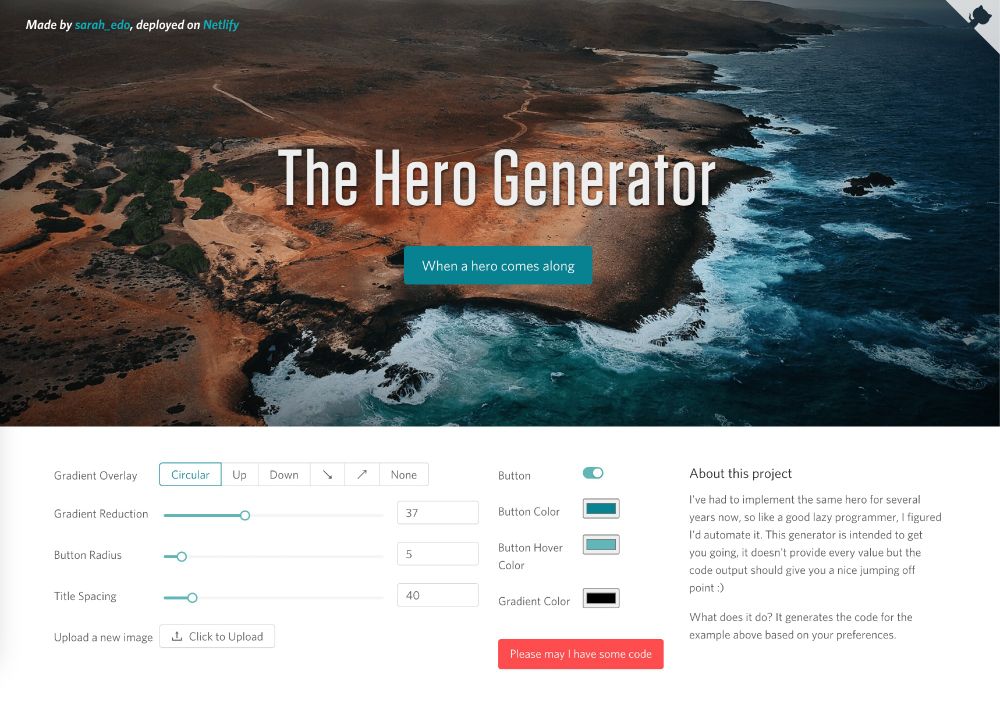 Screenshot of hero generator with a dorky button that says "when a hero comes along" har har