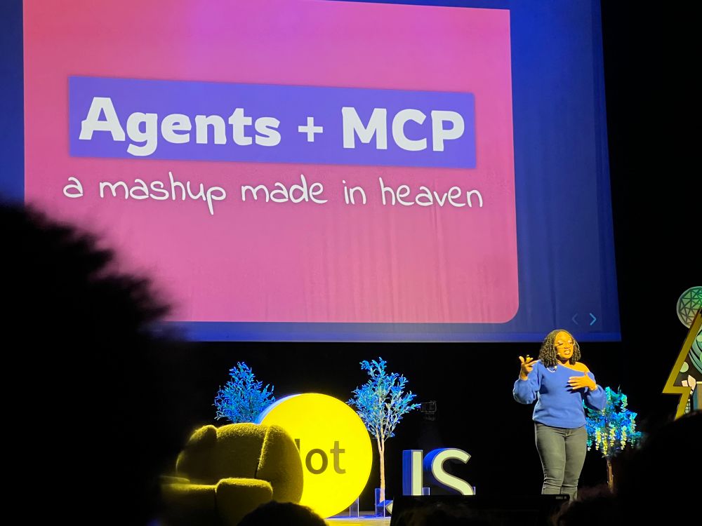Angie on stage, the slide says Agents and MCP, a mashup made in heaven