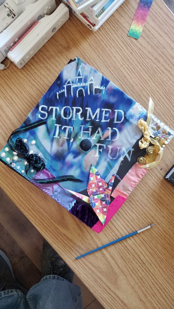 College mortar board hat with 'Stormed It  Had Fun' on it. 