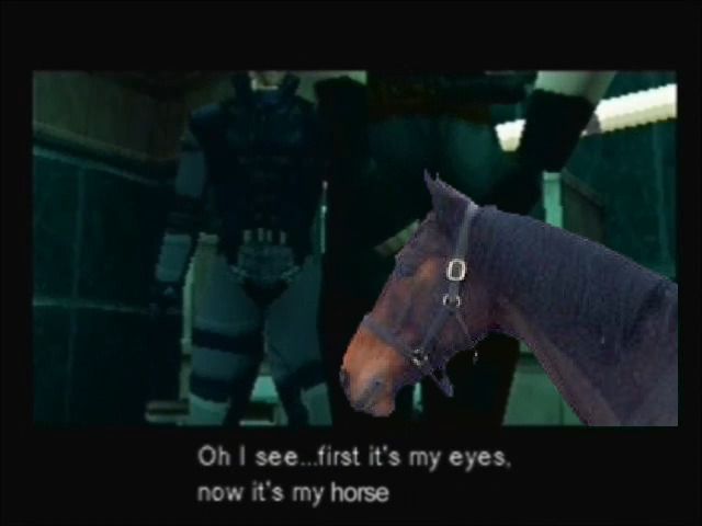 Reverse shot of the same scene. Meryl is not impressed by Snake's compliment and neither is her horse.  