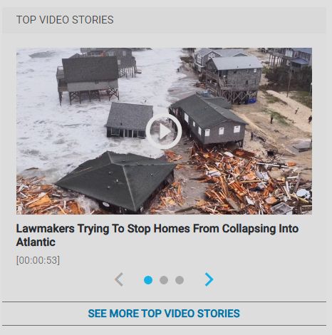 A screenshot of a video story on Weather Underground titled "Lawmakers Trying To Stop Homes From Collapsing Into Atlantic" with a picture of several homes being flooded and collapsing.
