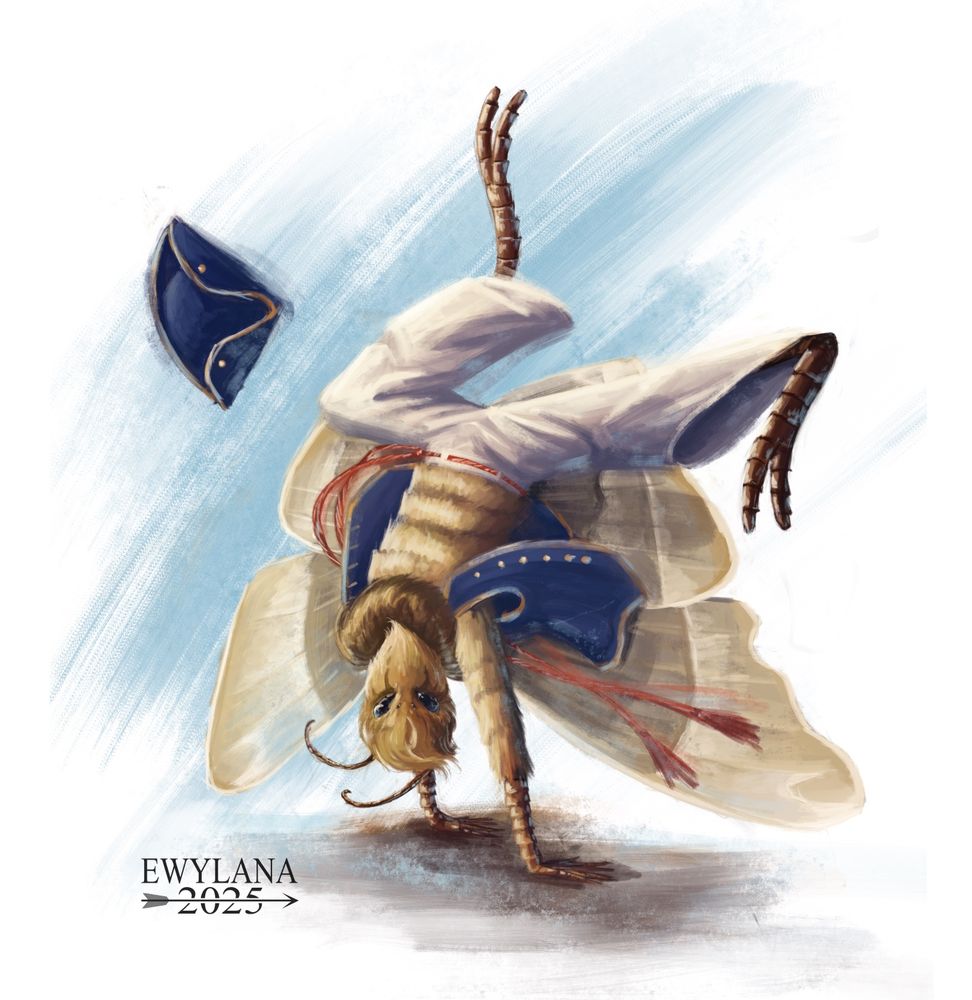 A drawing of a strange butterfly humanoid in sailor clothes, jumping on his hand to hit somethings with his foot