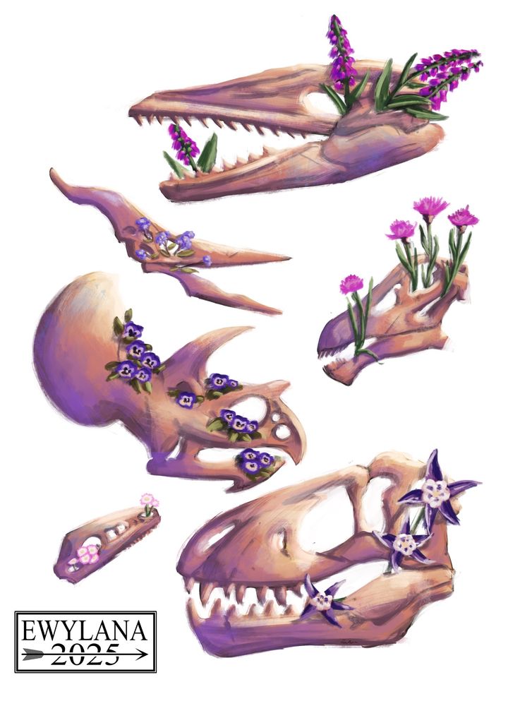 A drawing picturing six ding skulls in bright colors, on which grows diverse pink to blue flowers