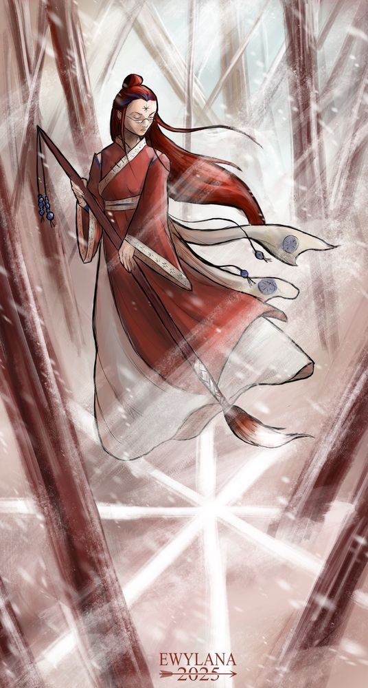 A drawing of a woman with red hairs wearing a red and white kimono. She is painting a star with white paint in a stone forest