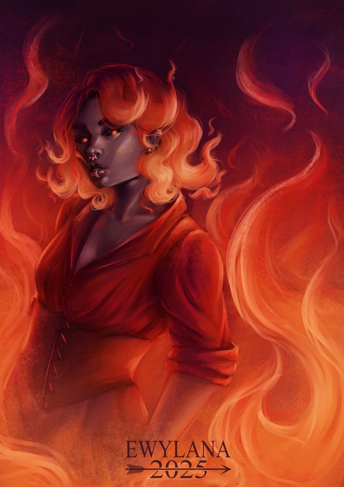 A drawing of a woman standing in the fire, looking down at the viewer. She have grey purple skin and fiercy red orange hairs, ending in flames. Her bright pranges eyes glows in the dark and her res clothes miwed up with the flames
Oc belongs to saba/ace-of-dragons