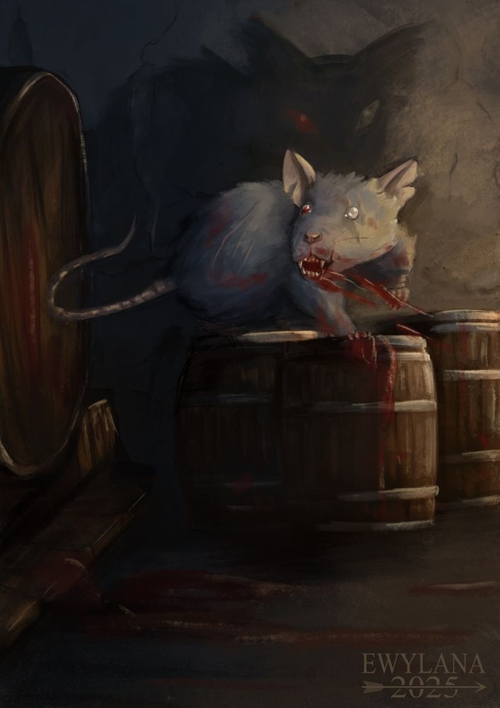 A drawing of a rat with blood around its mouth and claws, on some barrels in a vine cave. His shadow looks unatural