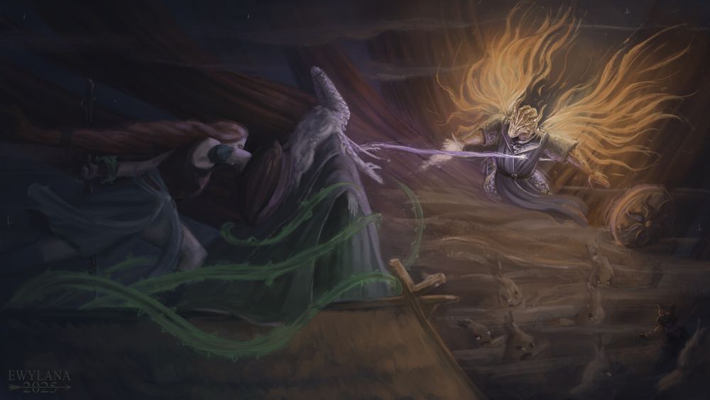 An illustration of an epic fight scene in a foggy forest at night. A dragonborn with fire wings flies towards a witch, while she is casting a deadly spell on him. One of the dragonborn allies, a woman with long red hairs, rush toward the witch to stop her, helped by gosthly vines.
On background one can see scary scarecrows and a desesperate tabaxi