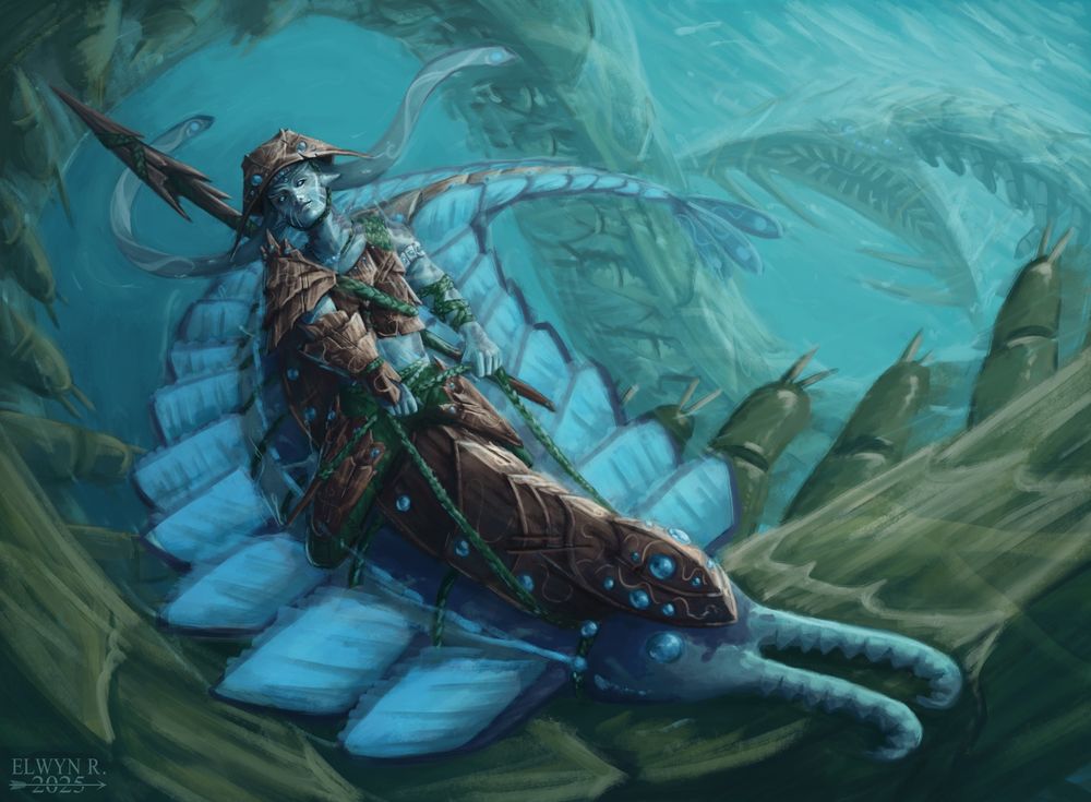 An artwork showing a strange aquatic humanoid creature, with blue skin in a chitonous armor having fun riding an armored anomalocaris in similar colors. But below her a giant creature is swimming, and the head of the monster is going in her direction...