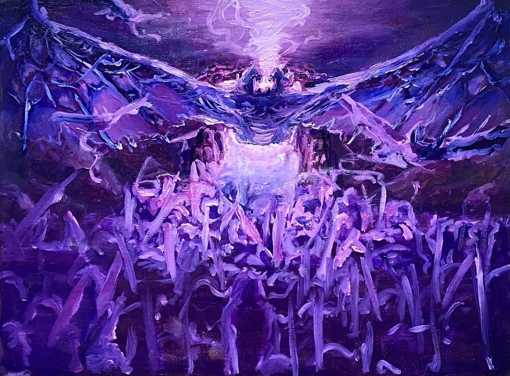 And oil painting showing a dragons flying out of a magical portal, above an heterogeneous army.
The whole painting is in purple tones.