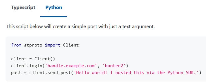 Picture of BlueSky API documentation that shows a code snippet example using a password of "hunter2"